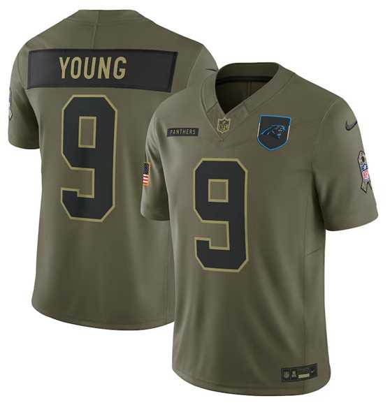 Men%27s Carolina Panthers #9 Bryce Young Olive 2025 Salute to Service Limited Stitched Jersey Dyin