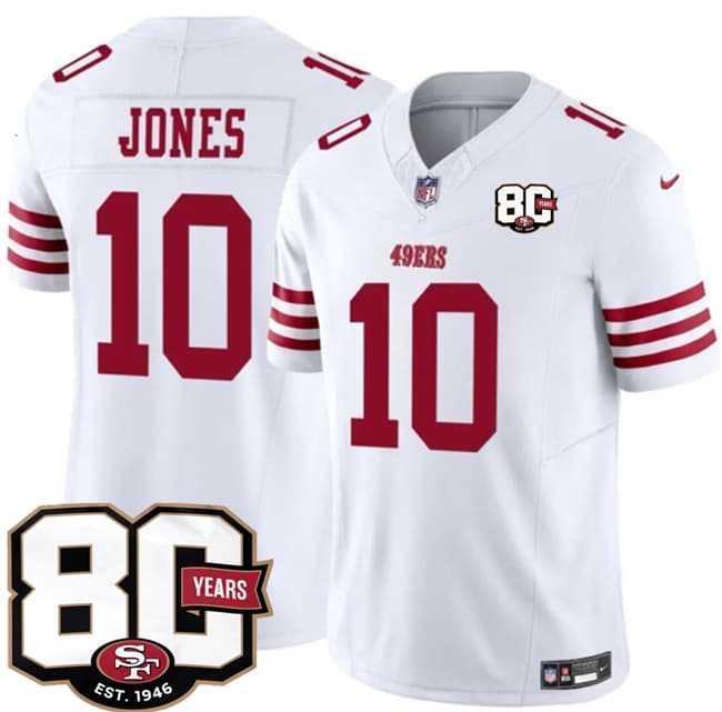 Men%27s San Francisco 49ers #10 Mac Jones White 80th Anniversary Patch 2026 F.U.S.E. Vapor Untouchable Limited Stitched Jersey Dzhi