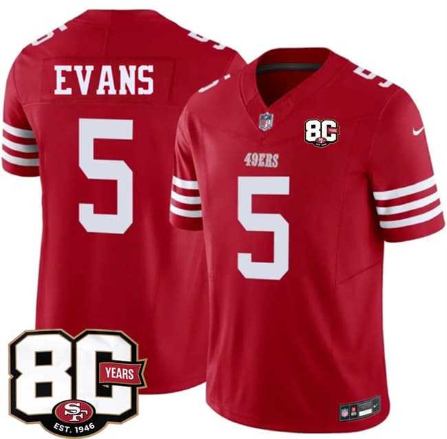 Men%27s San Francisco 49ers #5 Mike Evans Red 80th Anniversary Patch 2026 F.U.S.E. Vapor Untouchable Limited Stitched Jersey Dzhi