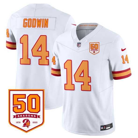 Men & Women & Youth Tampa Bay Buccaneers #14 Chris Godwin White 2025 F.U.S.E. 50th Anniversary Patch Vapor Limited Stitched Jersey