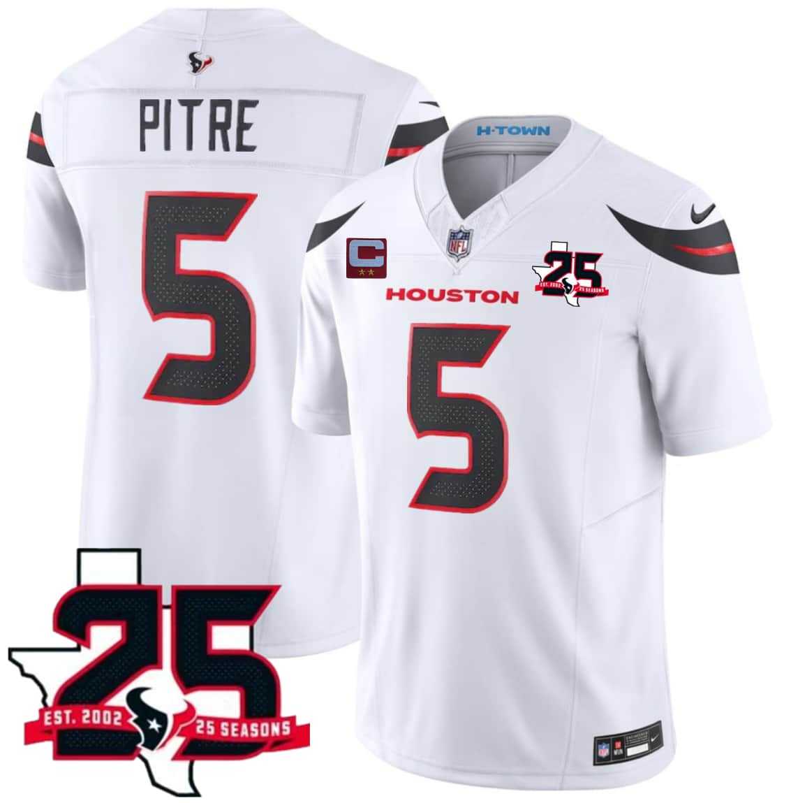 Men%27s Houston Texans #5 Jalen Pitre White 2026 With 25th Anniversary Patch And 2-Star C Patch F.U.S.E. Vapor Limited Stitched Jersey