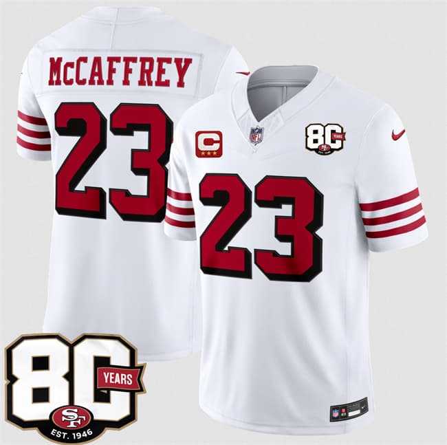 Men%27s San Francisco 49ers #23 Christian McCaffrey New White 2026 F.U.S.E. With 80th Anniversary & 3-Star C Patch Vapor Untouchable Limited Stitched Jersey