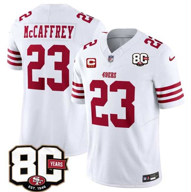 Men%27s San Francisco 49ers #23 Christian McCaffrey White 2026 F.U.S.E. With 80th Anniversary & 3-Star C Patch Vapor Untouchable Limited Stitched Jersey