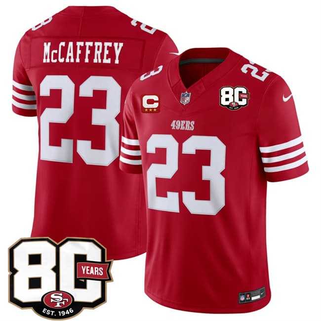 Men%27s San Francisco 49ers #23 Christian McCaffrey Red 2026 F.U.S.E. With 80th Anniversary & 3-Star C Patch Vapor Untouchable Limited Stitched Jersey