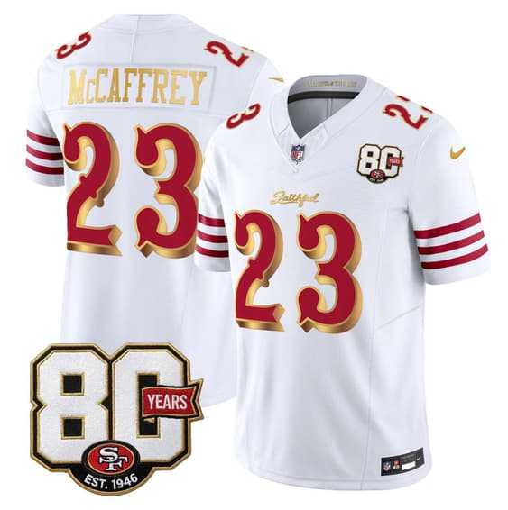 Men%27s San Francisco 49ers #23 Christian McCaffrey White Gold 80th Anniversary Patch %27Rivalries%27 2026 F.U.S.E. Vapor Untouchable Limited Stitched Jersey