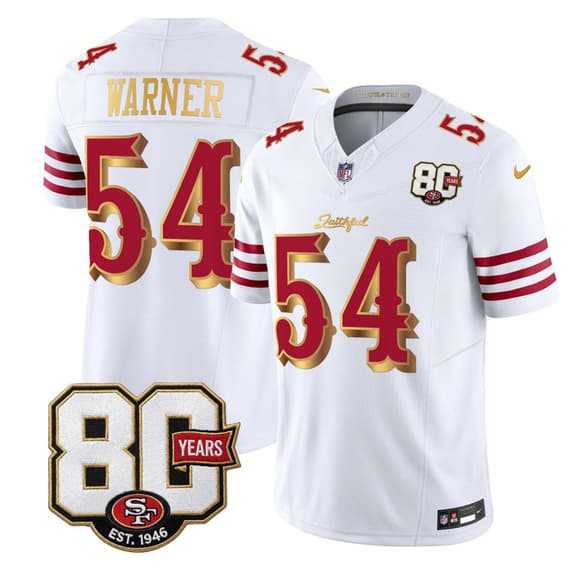 Men%27s San Francisco 49ers #54 Fred Warner White Gold 80th Anniversary Patch %27Rivalries%27 2026 F.U.S.E. Vapor Untouchable Limited Stitched Jersey