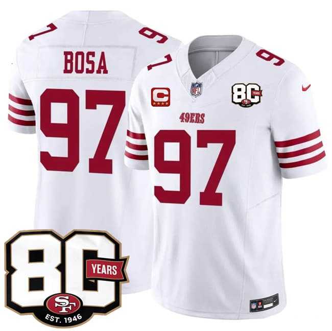Men%27s San Francisco 49ers #97 Nick Bosa White 2026 F.U.S.E. With 80th Anniversary & 4-Star C Patch Vapor Untouchable Limited Stitched Jersey