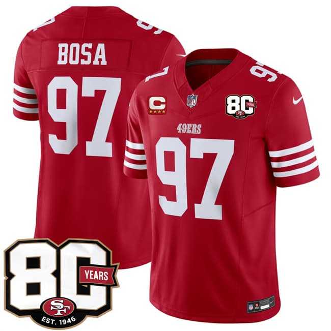 Men%27s San Francisco 49ers #97 Nick Bosa Red 2026 F.U.S.E. With 80th Anniversary & 4-Star C Patch Vapor Untouchable Limited Stitched Jersey