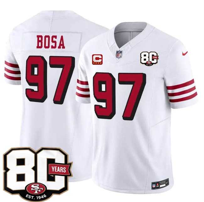 Men%27s San Francisco 49ers #97 Nick Bosa New White 2026 F.U.S.E. With 80th Anniversary & 4-Star C Patch Vapor Untouchable Limited Stitched Jersey