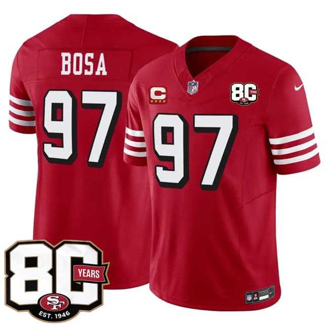 Men%27s San Francisco 49ers #97 Nick Bosa New Red 2026 F.U.S.E. With 80th Anniversary & 4-Star C Patch Vapor Untouchable Limited Stitched Jersey