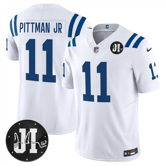 Men%27s Indianapolis Colts #11 Michael Pittman Jr. White 2025 F.U.S.E. Jim Irsay Patch Vapor Limited Stitched Jersey Dzhi