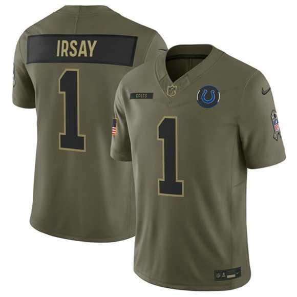 Men%27s Indianapolis Colts #1 Jim Irsay Olive 2025 Salute to Service Limited Stitched Jersey Dyin