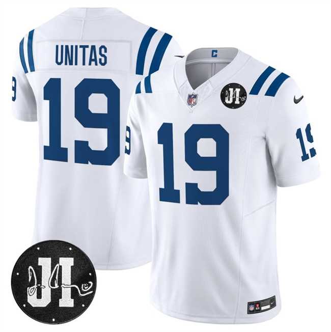 Men%27s Indianapolis Colts #19 Johnny Unitas White 2025 F.U.S.E. Jim Irsay Patch Vapor Limited Stitched Jersey Dzhi