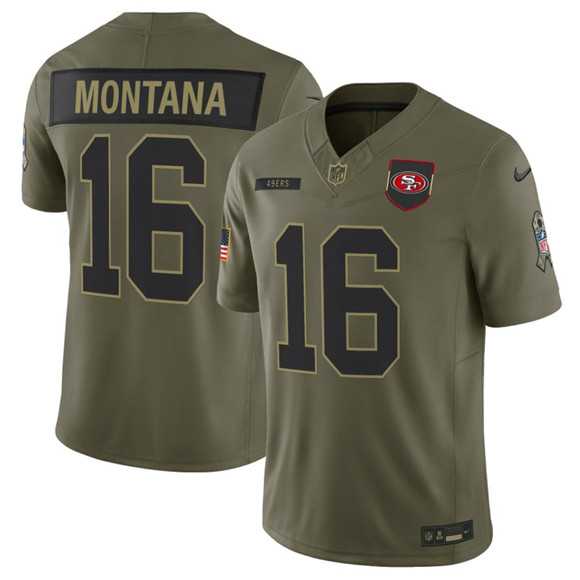 Men%27s San Francisco 49ers #16 Joe Montana Olive 2025 Salute to Service Limited Stitched Jersey Dyin