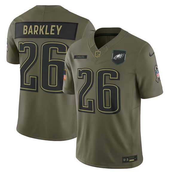 Men%27s Philadelphia Eagles #26 Saquon Barkley Olive 2025 Salute to Service Limited Stitched Jersey Dyin