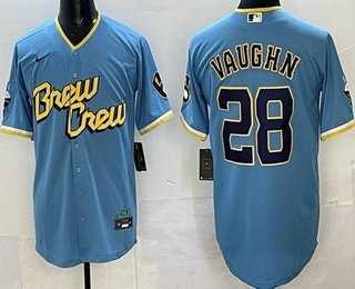 Men%27s Milwaukee Brewers #28 Andrew Vaughn Powder Blue 2022 City Connect Cool Base Jersey