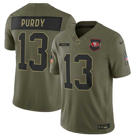 Men%27s San Francisco 49ers #13 Brock Purdy Olive 2025 Salute to Service Limited Stitched Jersey Dyin