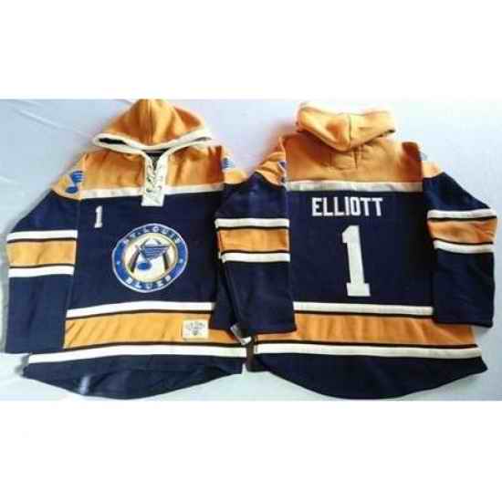 St. Louis Blues #1 Brian Elliott Navy Blue Gold Sawyer Hooded Sweatshirt Stitched Jersey