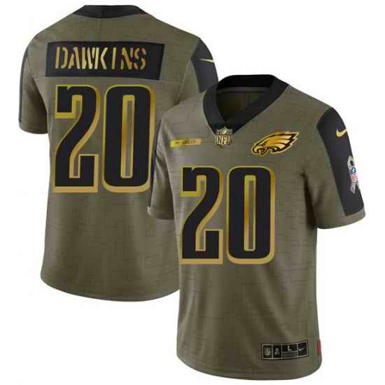 Men Philadelphia Eagles #20 Brian Dawkins 2021 Olive Camo Salute To Service Golden Limited Stitched Jersey