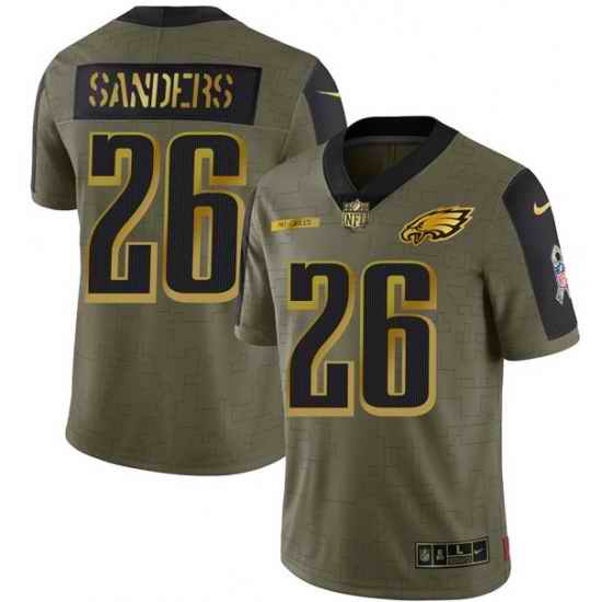 Men Philadelphia Eagles #26 Miles Sanders 2021 Olive Camo Salute To Service Golden Limited Stitched Jersey