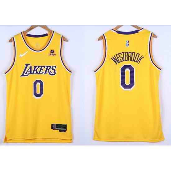 Men Los Angeles Lakers Russell Westbrook #0 Yellow 75th Anniversary White Stitched Jersey