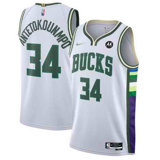 Men's Milwaukee Bucks #34 Giannis Antetokounmpo White 2021 #22 75th Anniversary Swingman City Edition Stitched Jersey