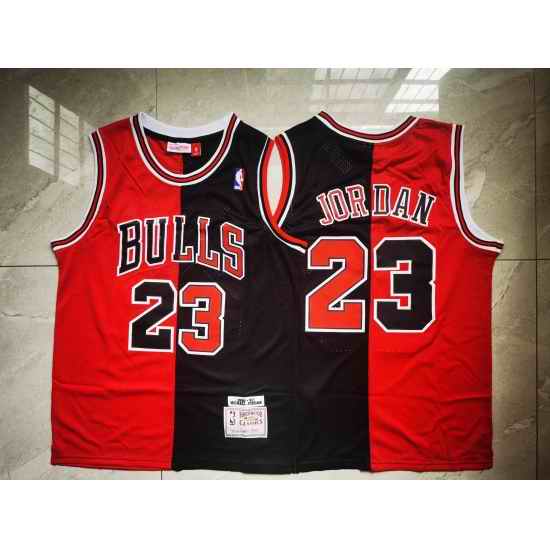 Men Chicago Bulls Michael Jordan #23 Red Black Split Mitchells Ness Hardwood Classics NBA Jersey