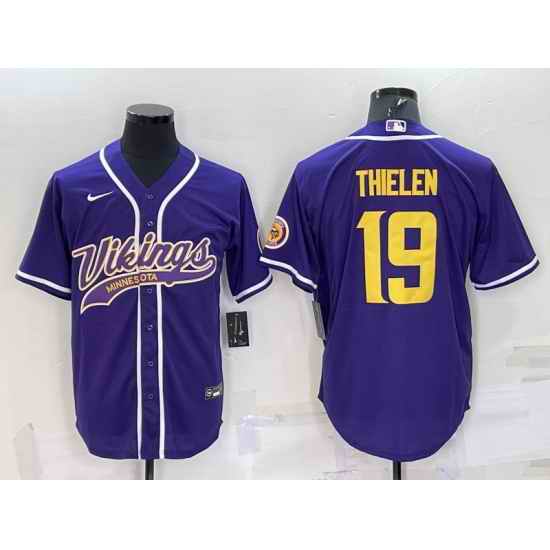 Men Minnesota Vikings #19 Adam Thielen Purple Gold With Patch Cool Base Stitched Baseball Jersey