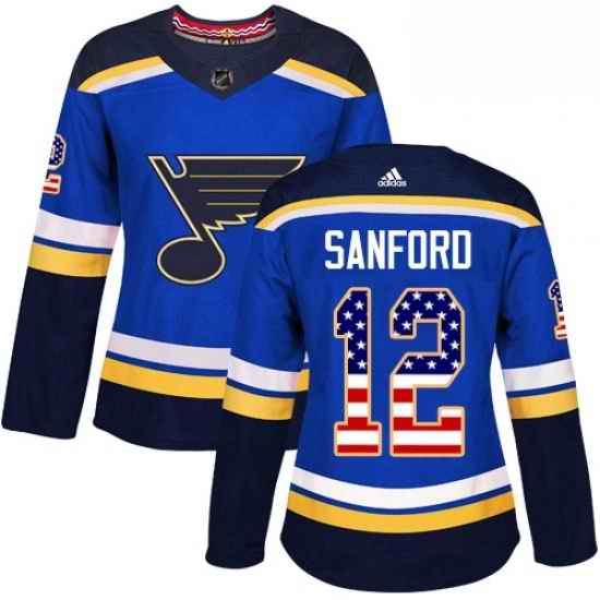 Womens Adidas St Louis Blues #12 Zach Sanford Authentic Blue USA Flag Fashion NHL Jersey