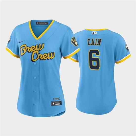 Women Milwaukee Brewers #6 Lorenzo Cain 2022 Powder Blue City Connect Cool Base Stitched Jersey 28Run Small 29->women mlb jersey->Women Jersey