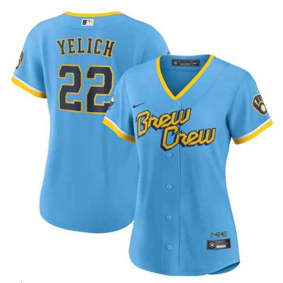 Women Milwaukee Brewers #22 Christian Yelich 2022 Powder Blue City Connect Cool Base Stitched Jersey 28Run Small 29->women mlb jersey->Women Jersey