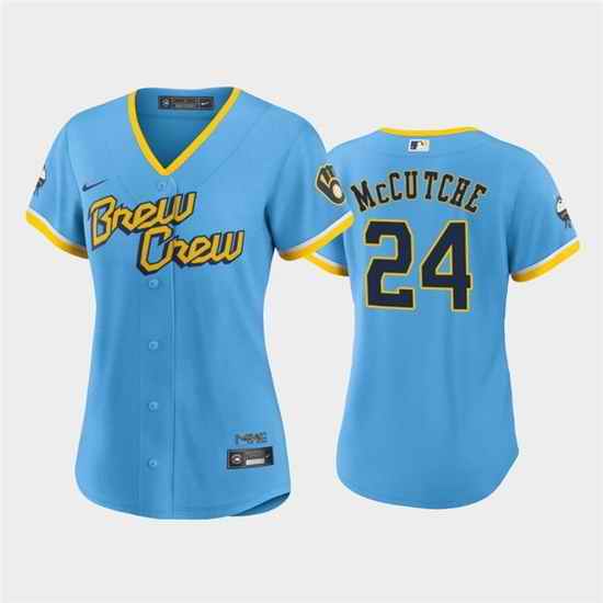 Women Milwaukee Brewers #24 Andrew McCutchen 2022 Powder Blue City Connect Cool Base Stitched Jersey 28Run Small 29->women mlb jersey->Women Jersey