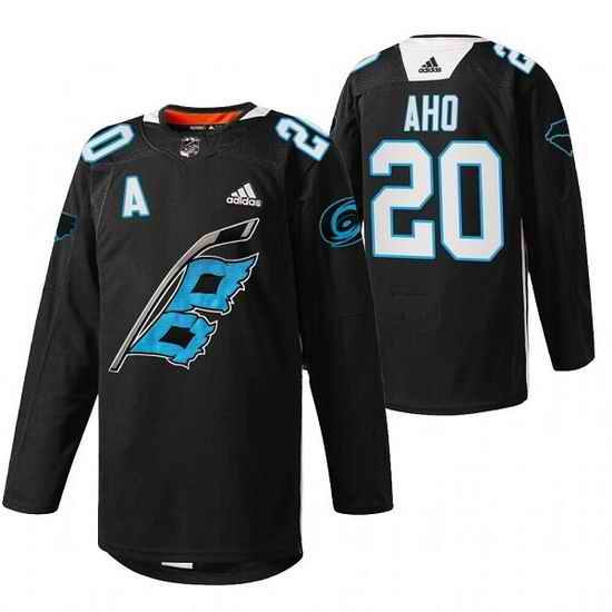 Men Carolina Hurricanes #20 Sebastian Aho 2022 Black Warm Up Stitched Jersey