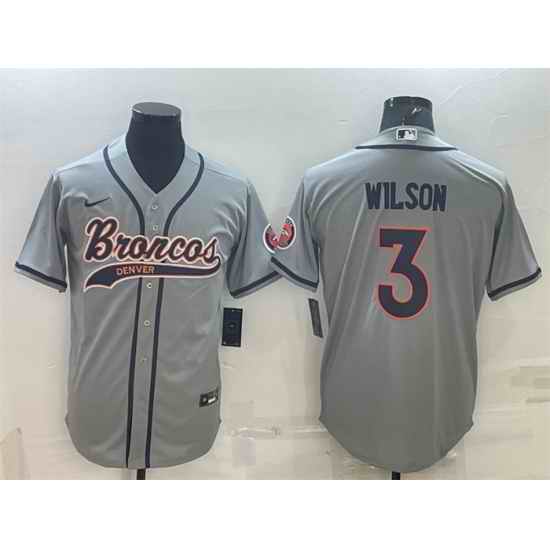 Men Denver Broncos #3 Russell Wilson Grey With Patch Cool Base Stitched Baseball Jersey