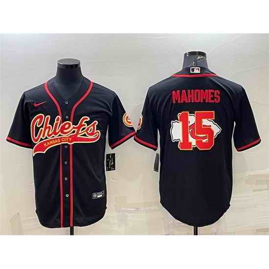 Men Kansas City Chiefs #15 Patrick Mahomes Black Team Big Logo With Patch Cool Base Stitched Baseball Jersey