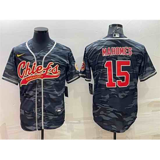 Men Kansas City Chiefs Blank #15 Patrick Mahomes Grey Navy Camo With Patch Cool Base Stitched Baseball Jersey