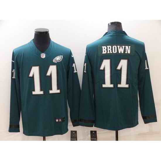 Men Philadelphia Eagles #11 A J Brown Green Therma Long Sleeve Stitched jersey