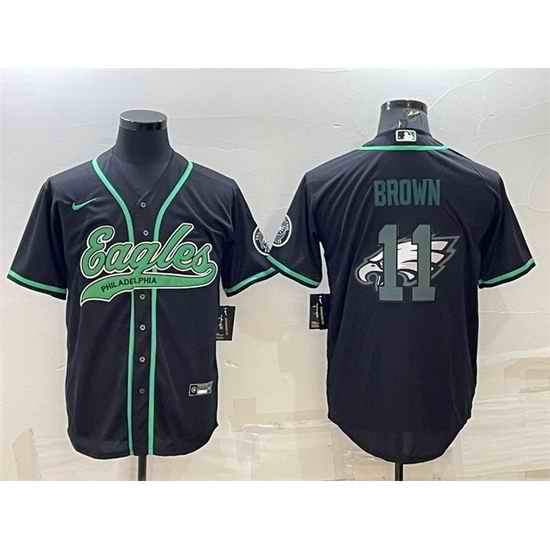Men Philadelphia Eagles #11 A J Brown Black Team Big Logo With Patch Cool Base Stitched Baseball Jersey