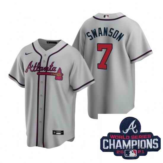 Men Nike Atlanta Braves #7 Dansby Swanson Gray Road Stitched Baseball Stitched MLB 2021 Champions Patch Jersey->2021 world series->MLB Jersey