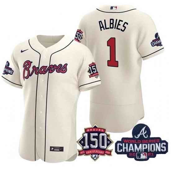 Men's Cream Atlanta Braves #1 Ozzie Albies 2021 World Series Champions With 150th Anniversary Flex Base Stitched Jersey->2021 world series->MLB Jersey