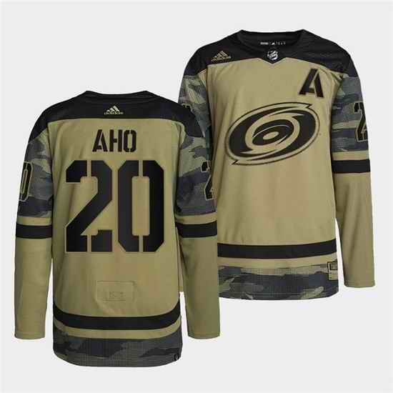 Men Carolina Hurricanes #20 Sebastian Aho 2022 Camo Military Appreciation Night Stitched jersey