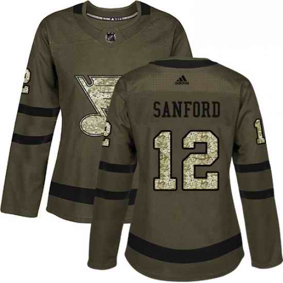 Womens Adidas St Louis Blues #12 Zach Sanford Authentic Green Salute to Service NHL Jersey