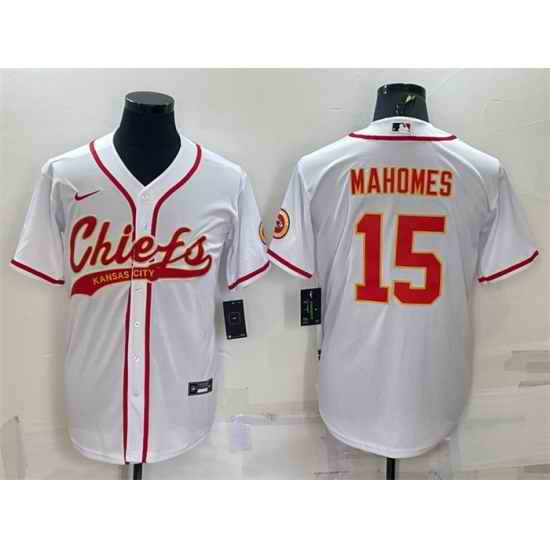 Men Kansas City Chiefs #15 Patrick Mahomes White With Patch Cool Base Stitched Baseball Jersey