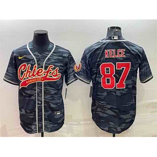 Men Kansas City Chiefs Blank #87 Travis Kelce Grey Navy Camo With Patch Cool Base Stitched Baseball Jersey