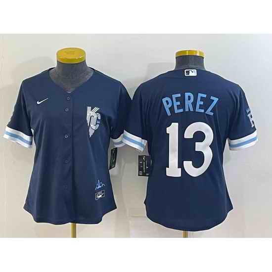 Women's Kansas City Royals #13 Salvador Perez 2022 Navy Blue City Connect Cool Base Stitched Jersey->women mlb jersey->Women Jersey