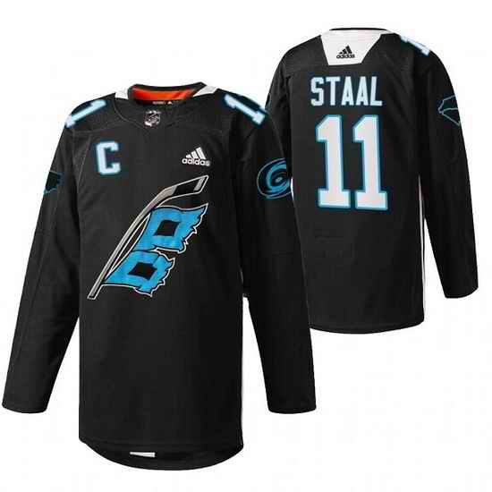 Men Carolina Hurricanes #11 Jordan Staal 2022 Black Warm Up Stitched Jersey