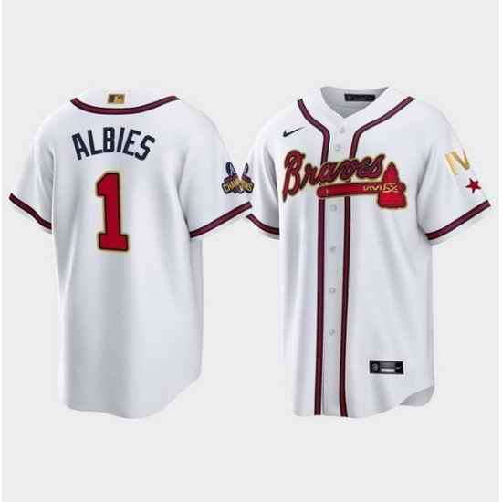 Youth Atlanta Braves #1 Ozzie Albies 2022 White Gold World Series Champions Program Cool Base Stitched Jersey->women mlb jersey->Women Jersey