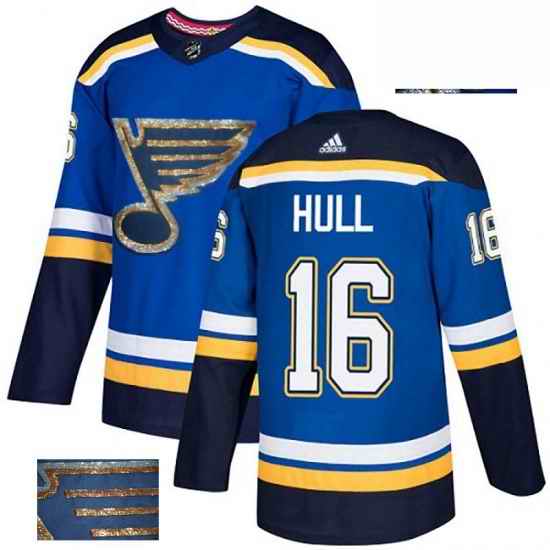 Mens Adidas St Louis Blues #16 Brett Hull Authentic Royal Blue Fashion Gold NHL Jersey