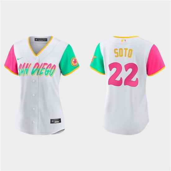 Women San Diego Padres #22 Juan Soto 2022 White City Connect Cool Base Stitched Baseball Jersey 28Run Small 291->women mlb jersey->Women Jersey