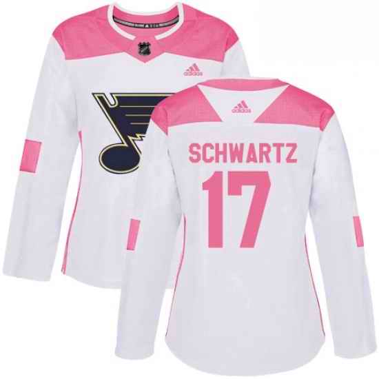 Womens Adidas St Louis Blues #17 Jaden Schwartz Authentic WhitePink Fashion NHL Jersey